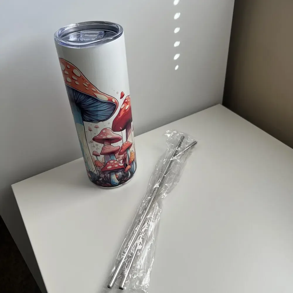 Custom Printed 20oz Tumbler Boho Mushroom With Lid Straws And Straw Cleaner